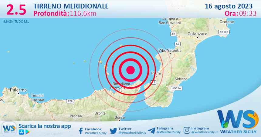 Scossa di terremoto magnitudo 2.5 nel Tirreno Meridionale (MARE)