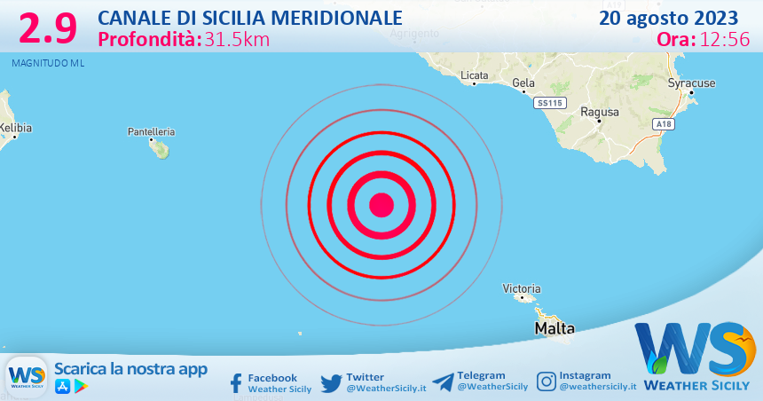 Scossa di terremoto magnitudo 2.9 nel Canale di Sicilia meridionale (MARE)