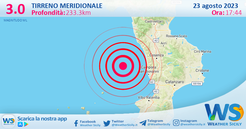 Scossa di terremoto magnitudo 3.0 nel Tirreno Meridionale (MARE)