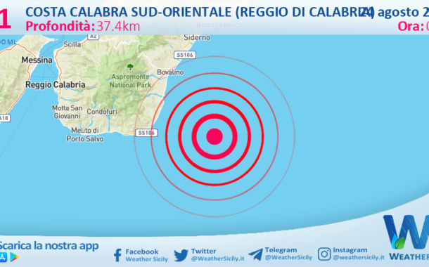Scossa di terremoto magnitudo 3.1 nei pressi di Costa Calabra sud-orientale (Reggio di Calabria)