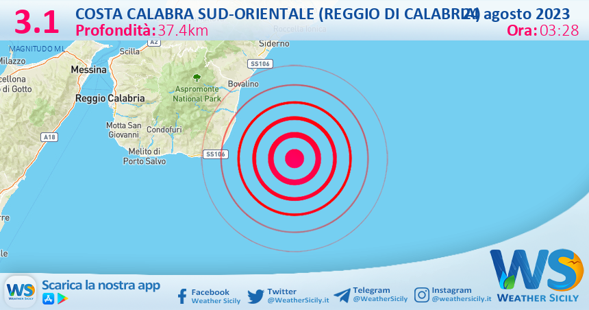 Scossa di terremoto magnitudo 3.1 nei pressi di Costa Calabra sud-orientale (Reggio di Calabria)