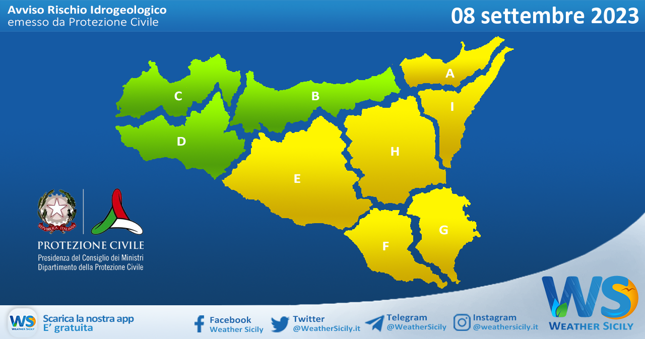 Meteo Sicilia: bollettino di allerta meteo per domani, venerdì 08 settembre 2023