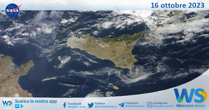 Meteo Sicilia: immagine satellitare Nasa di lunedì 16 ottobre 2023