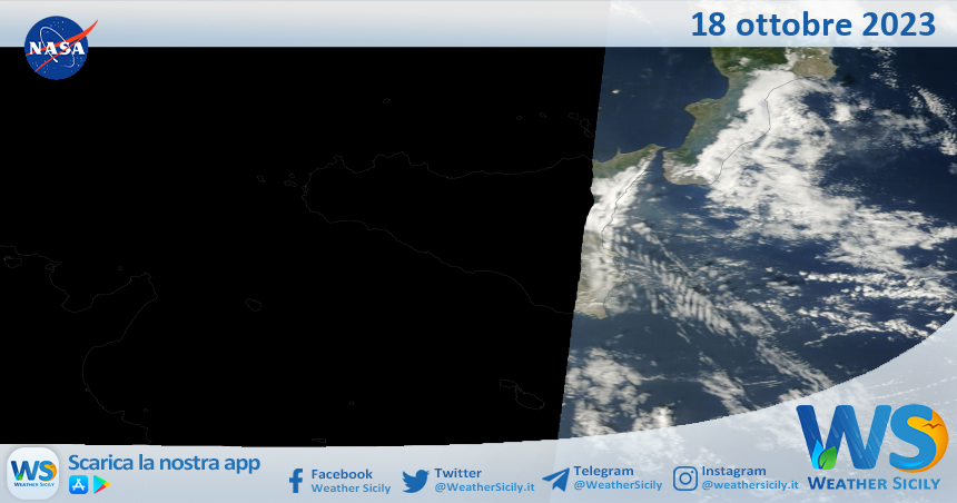 Meteo Sicilia: immagine satellitare Nasa di mercoledì 18 ottobre 2023