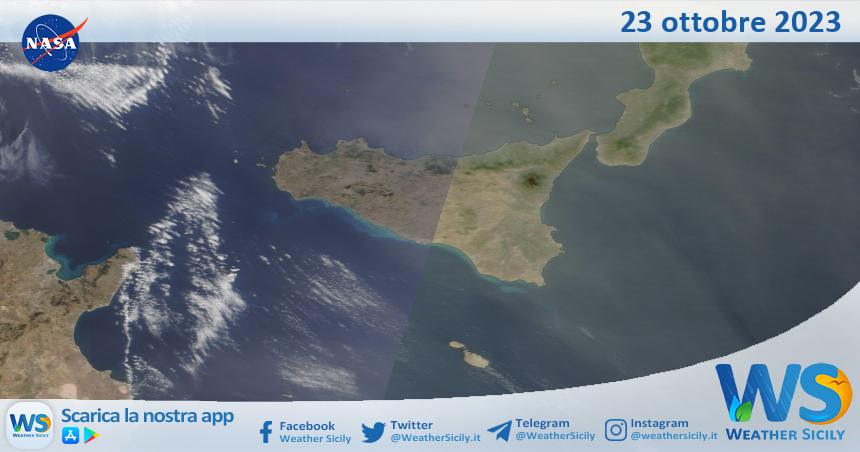 Meteo Sicilia: immagine satellitare Nasa di lunedì 23 ottobre 2023