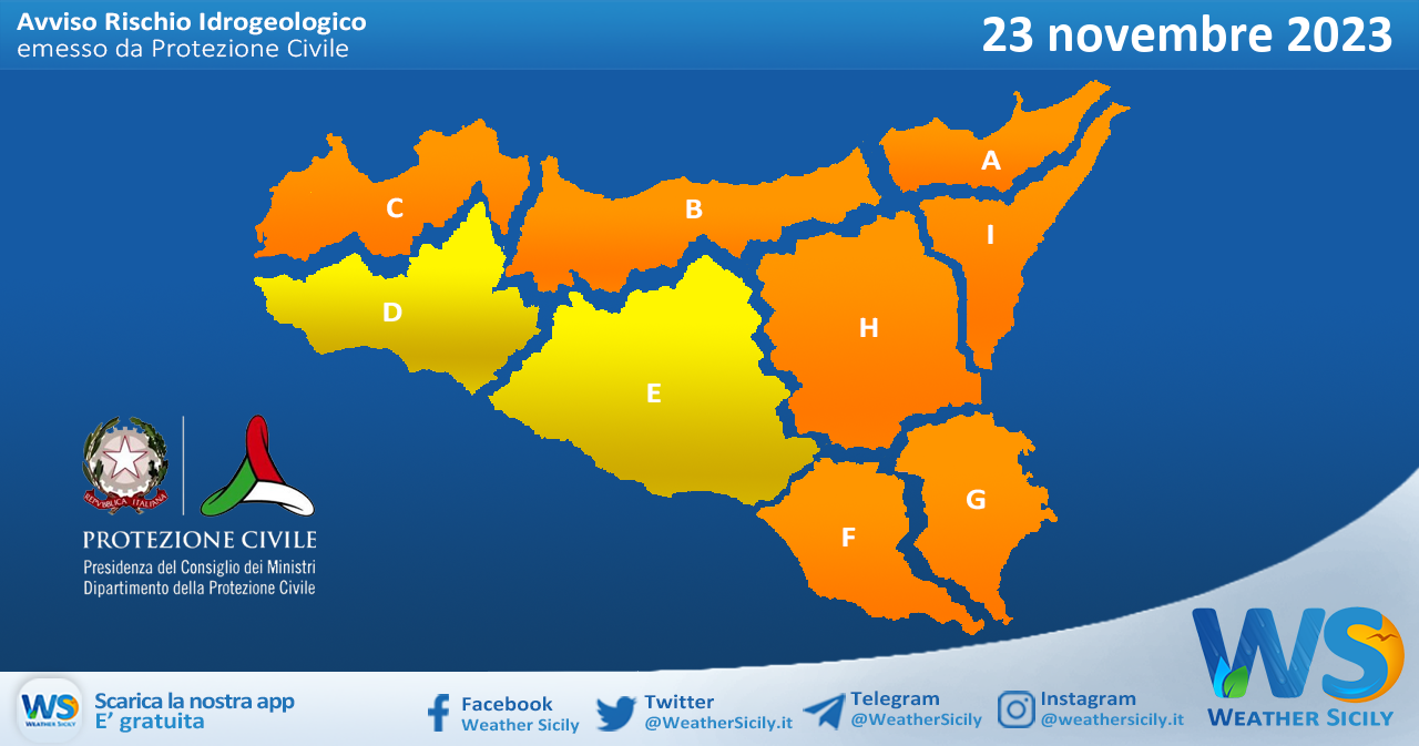 Meteo Sicilia: bollettino di allerta meteo per domani, giovedì 23 novembre 2023