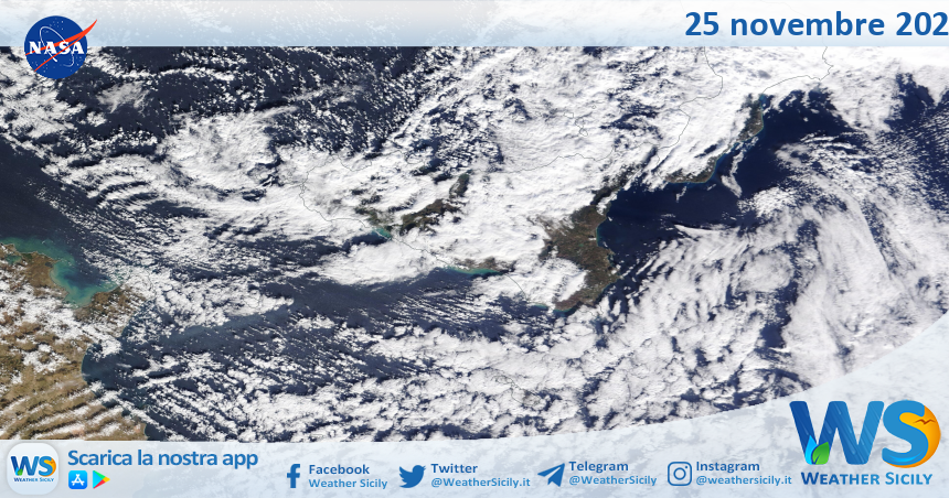 Meteo Sicilia: immagine satellitare Nasa di sabato 25 novembre 2023