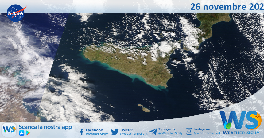 Meteo Sicilia: immagine satellitare Nasa di domenica 26 novembre 2023