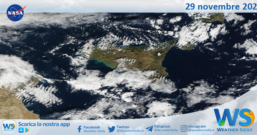 Meteo Sicilia: immagine satellitare Nasa di mercoledì 29 novembre 2023