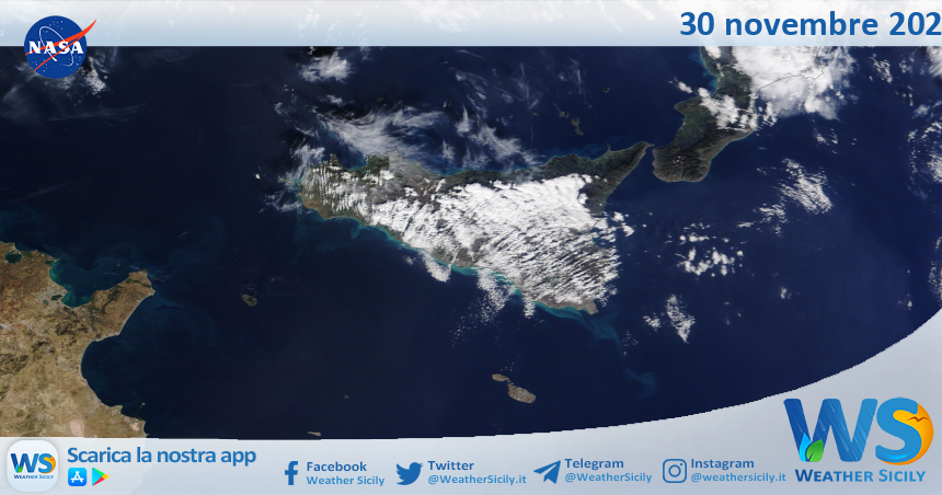 Meteo Sicilia: immagine satellitare Nasa di giovedì 30 novembre 2023