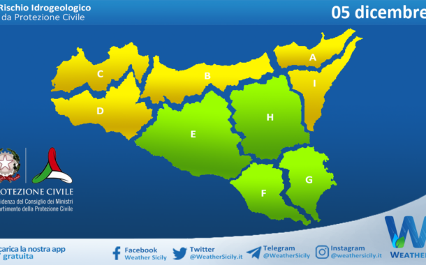 Meteo Sicilia: bollettino di allerta meteo per domani, martedì 05 dicembre 2023