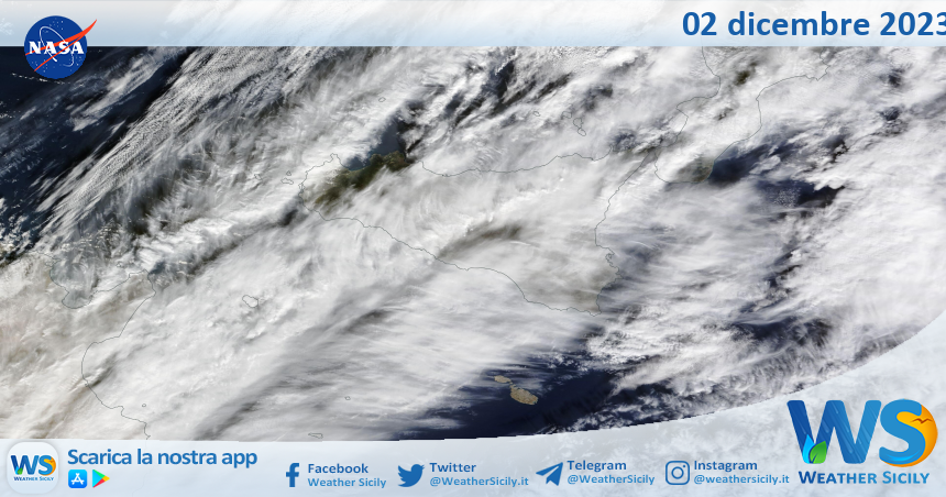 Meteo Sicilia: immagine satellitare Nasa di sabato 02 dicembre 2023