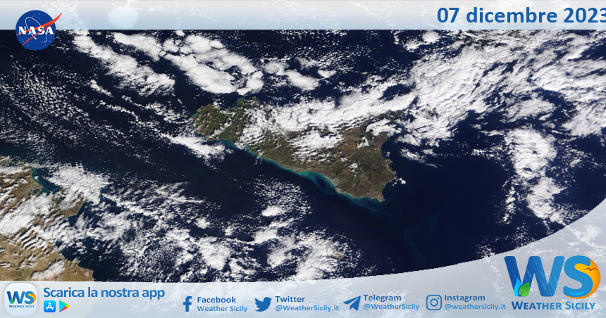 Meteo Sicilia: immagine satellitare Nasa di giovedì 07 dicembre 2023
