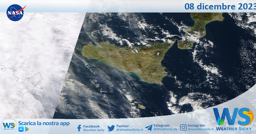 Meteo Sicilia: immagine satellitare Nasa di venerdì 08 dicembre 2023