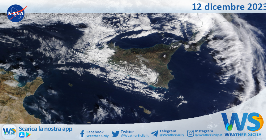 Meteo Sicilia: immagine satellitare Nasa di martedì 12 dicembre 2023