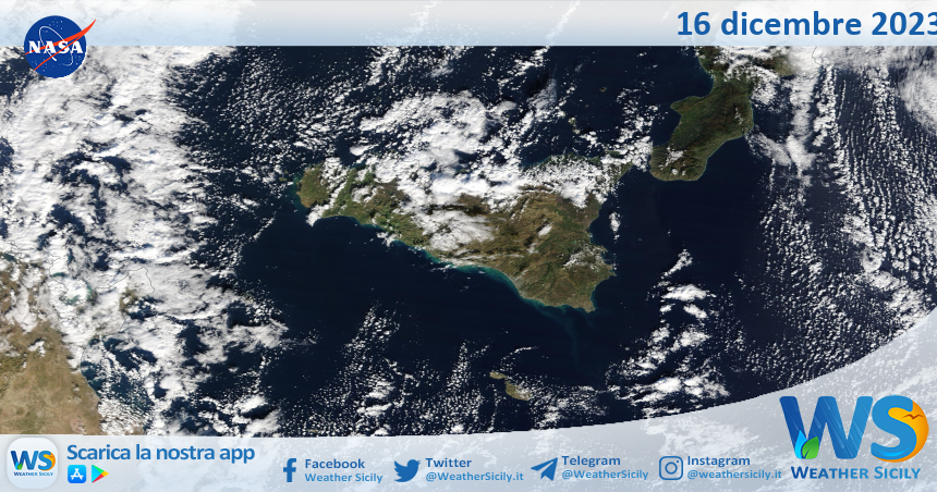 Meteo Sicilia: immagine satellitare Nasa di sabato 16 dicembre 2023