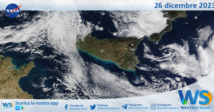 Meteo Sicilia: immagine satellitare Nasa di martedì 26 dicembre 2023