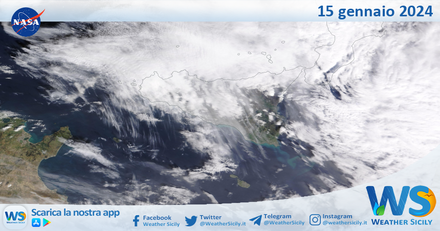 Meteo Sicilia: immagine satellitare Nasa di lunedì 15 gennaio 2024