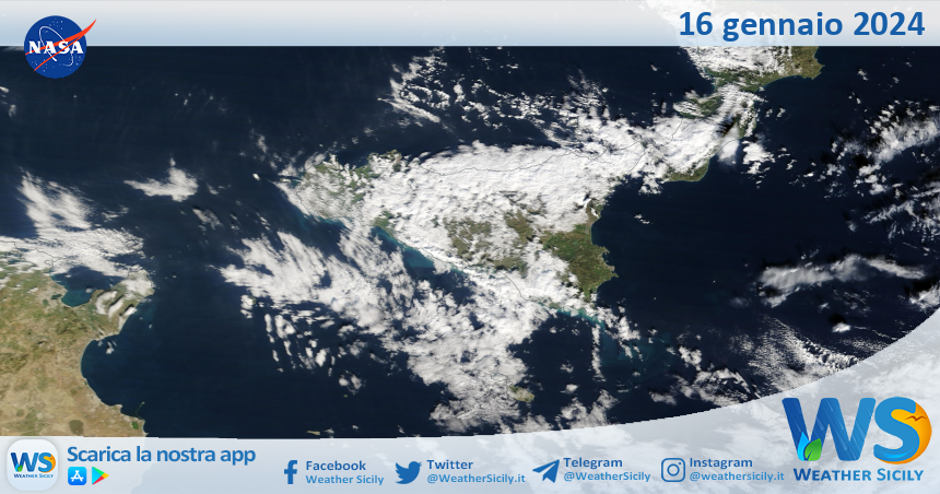 Meteo Sicilia: immagine satellitare Nasa di martedì 16 gennaio 2024