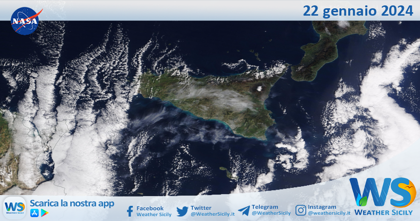 Meteo Sicilia: immagine satellitare Nasa di lunedì 22 gennaio 2024