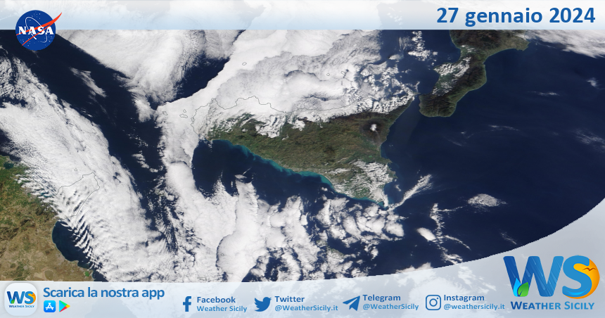 Meteo Sicilia: immagine satellitare Nasa di sabato 27 gennaio 2024