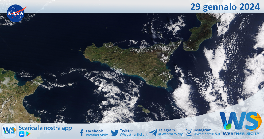 Meteo Sicilia: immagine satellitare Nasa di lunedì 29 gennaio 2024