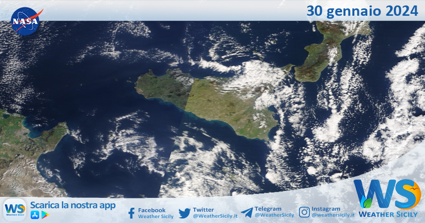 Meteo Sicilia: immagine satellitare Nasa di martedì 30 gennaio 2024