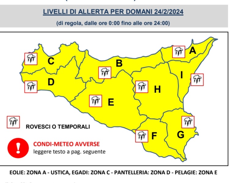 Meteo Sicilia: bollettino di allerta meteo per domani, sabato 24 febbraio 2024