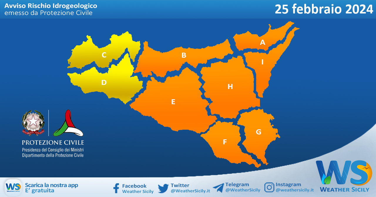 Meteo Sicilia: bollettino di allerta meteo per domani, domenica 25 febbraio 2024