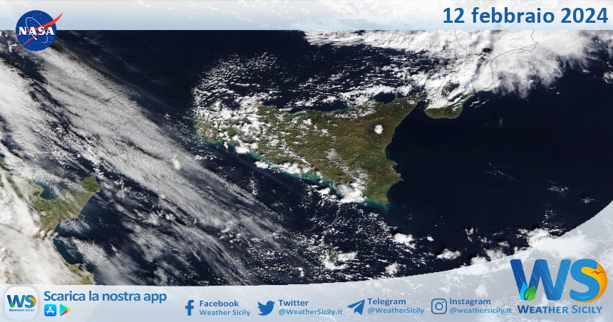 Meteo Sicilia: immagine satellitare Nasa di lunedì 12 febbraio 2024