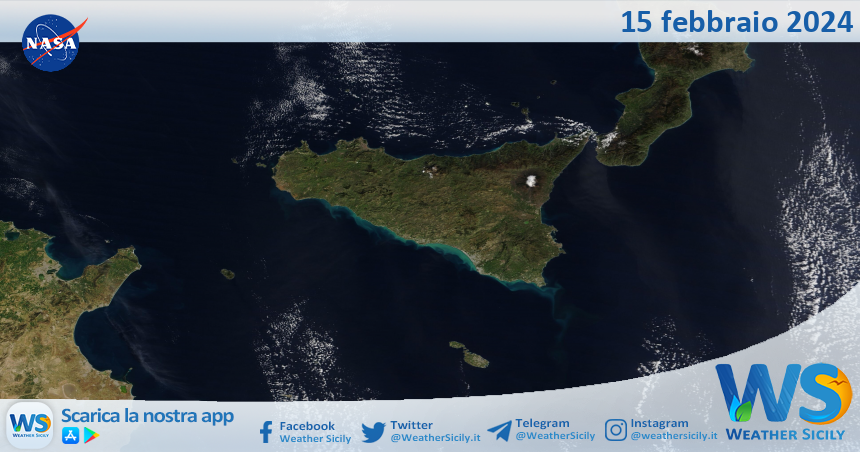 Meteo Sicilia: immagine satellitare Nasa di giovedì 15 febbraio 2024