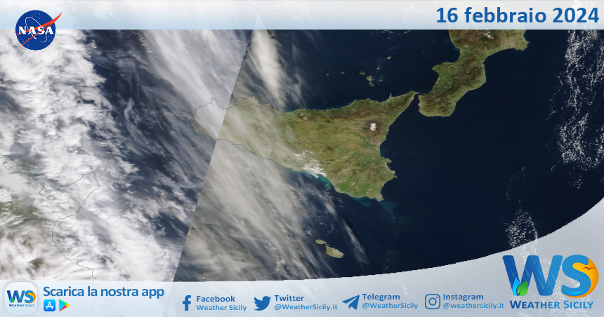 Meteo Sicilia: immagine satellitare Nasa di venerdì 16 febbraio 2024