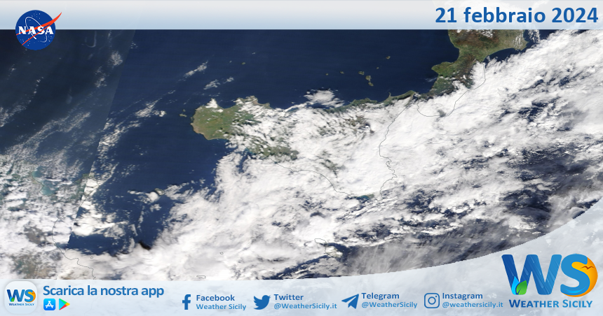 Meteo Sicilia: immagine satellitare Nasa di mercoledì 21 febbraio 2024