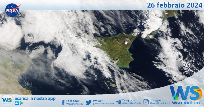 Meteo Sicilia: immagine satellitare Nasa di lunedì 26 febbraio 2024