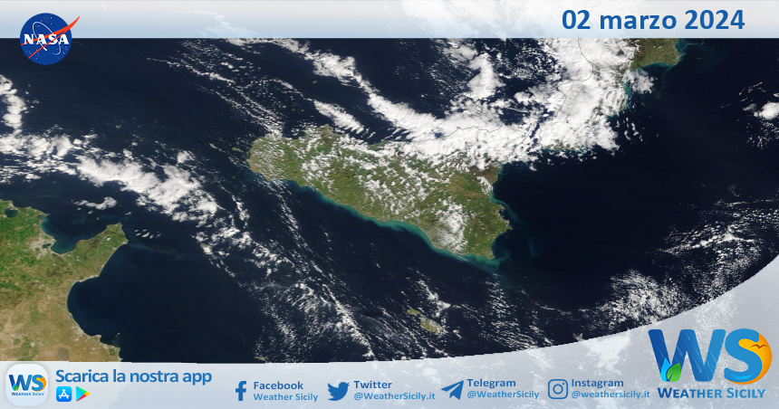 Meteo Sicilia: immagine satellitare Nasa di sabato 02 marzo 2024