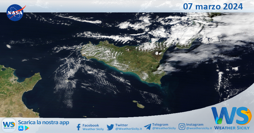 Meteo Sicilia: immagine satellitare Nasa di giovedì 07 marzo 2024