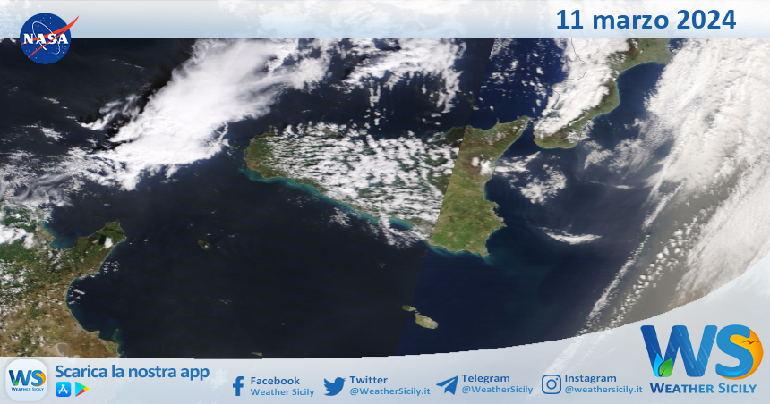 Meteo Sicilia: immagine satellitare Nasa di lunedì 11 marzo 2024