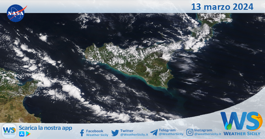 Meteo Sicilia: immagine satellitare Nasa di mercoledì 13 marzo 2024