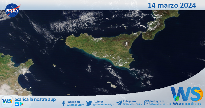 Meteo Sicilia: immagine satellitare Nasa di giovedì 14 marzo 2024