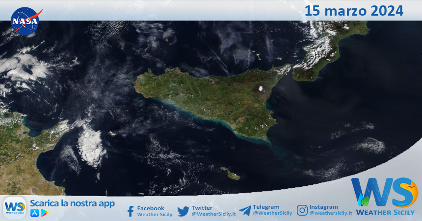 Meteo Sicilia: immagine satellitare Nasa di venerdì 15 marzo 2024