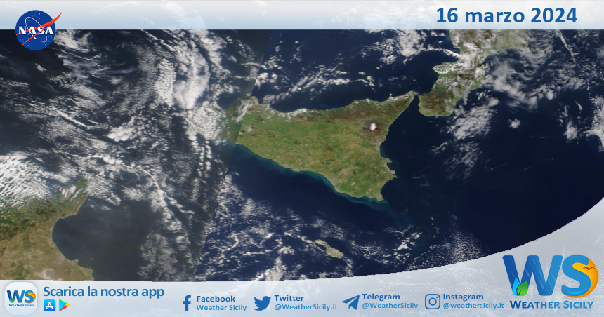 Meteo Sicilia: immagine satellitare Nasa di sabato 16 marzo 2024