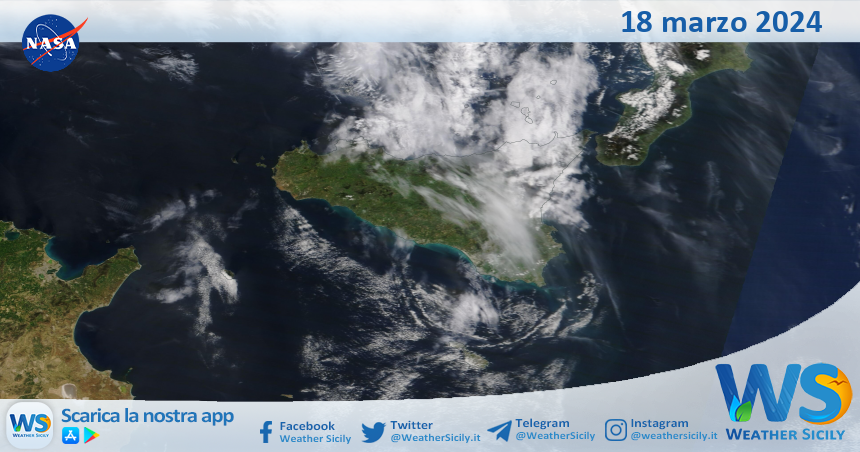 Meteo Sicilia: immagine satellitare Nasa di lunedì 18 marzo 2024