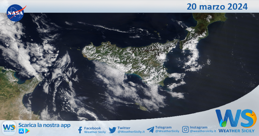 Meteo Sicilia: immagine satellitare Nasa di mercoledì 20 marzo 2024