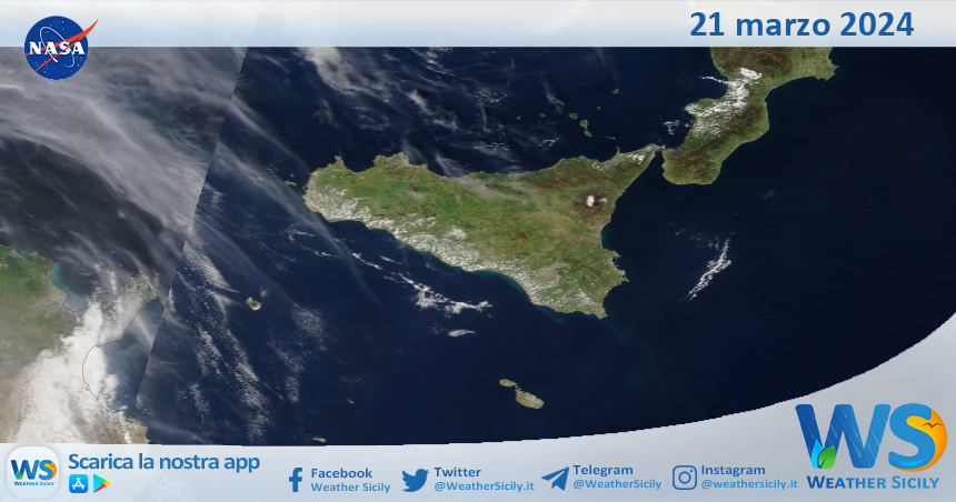 Meteo Sicilia: immagine satellitare Nasa di giovedì 21 marzo 2024