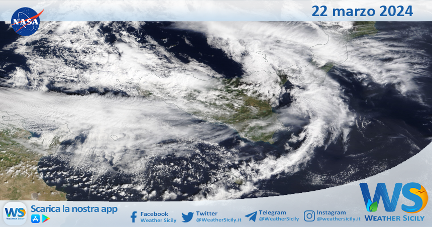 Meteo Sicilia: immagine satellitare Nasa di venerdì 22 marzo 2024