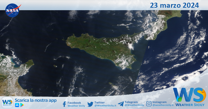 Meteo Sicilia: immagine satellitare Nasa di sabato 23 marzo 2024