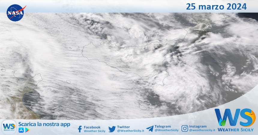 Meteo Sicilia: immagine satellitare Nasa di lunedì 25 marzo 2024