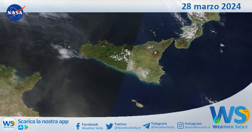 Meteo Sicilia: immagine satellitare Nasa di giovedì 28 marzo 2024