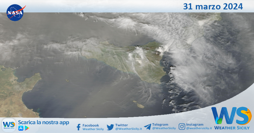 Meteo Sicilia: immagine satellitare Nasa di domenica 31 marzo 2024