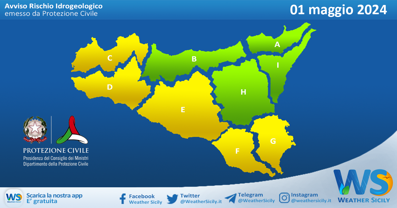 Meteo Sicilia: bollettino di allerta meteo per domani, mercoledì 01 maggio 2024